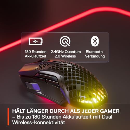 SteelSeries Aerox 5 Wireless – RGB Gaming-Mouse mit Öffnungen in der Oberfläche – Federleichtes, wasserabweisendes Design – 9 Tasten – Bluetooth/2,4 GHz – Optischer TrueMove Air-Sensor mit 18.000 DPI Bild 6