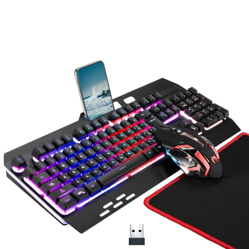 Kabellose RGB-Gaming-Tastatur, kabellose LED-Maus und Mauspad-Set, wiederaufladbare Hintergrundbeleuchtung aus Aluminiumlegierung, Buchstabenglühen, mechanisches Gefühl Bild 1