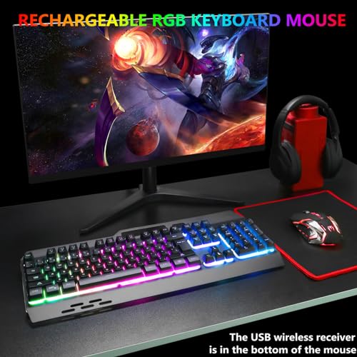 Kabellose RGB-Gaming-Tastatur, kabellose LED-Maus und Mauspad-Set, wiederaufladbare Hintergrundbeleuchtung aus Aluminiumlegierung, Buchstabenglühen, mechanisches Gefühl Bild 2