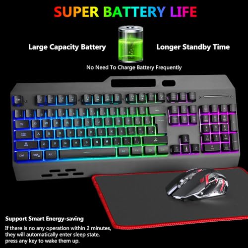 Kabellose RGB-Gaming-Tastatur, kabellose LED-Maus und Mauspad-Set, wiederaufladbare Hintergrundbeleuchtung aus Aluminiumlegierung, Buchstabenglühen, mechanisches Gefühl Bild 4