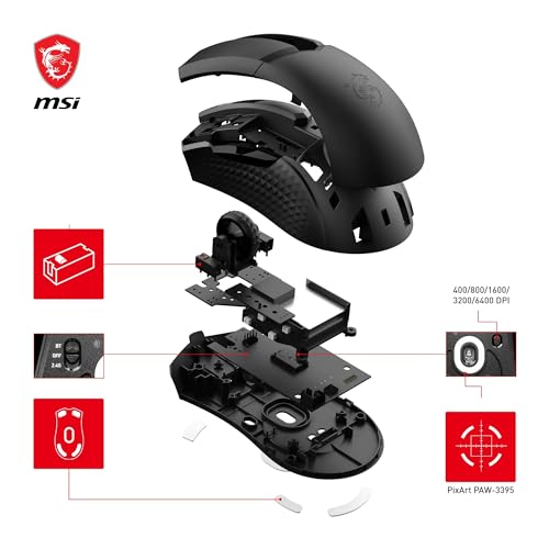 MSI Clutch GM51 Lightweight Wireless Gaming Maus - 26.000 DPI Optischer Sensor, 650 IPS, symmetrisch, 60Mio+ Click OMRON-Switches, 1000Hz Abtastrate, 1ms Latenz, RGB Mystic Light, 85g, kabellos Bild 5