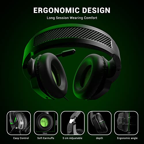 EKSA Gaming Headset Kabelgebunden, Headset mit Mikrofon für PS4, 3.5mm Klinke Kabel, 3D Surround Sound Kopfhörer mit Noise Cancelling Mic, Grünes Licht für PS5 Xbox PC Mac Laptop,Bequem，Fenrir Serie Bild 5