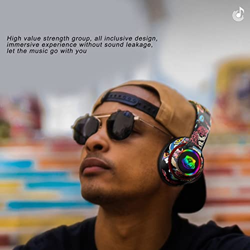 Gaming-Headset, Kabelloses HiFi-Stereo-Bluetooth-Headset mit Bunten LED-Lichtern, Coolem Buntem Graffiti-Aussehen, Unterstützung von BT, Speicherkarte, AUX-Player, für Smartphone-Tablet-Computer Bild 6