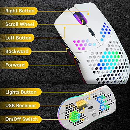 Kabellose Gaming-Maus mit Wabenstruktur, 11 Hintergrundbeleuchtung, RGB Chrom, 3.400 DPI, 6 programmierte Tasten, USB-Empfänger, energiesparend, kabellose Maus für PC/Mac/Laptop, Schwarz Bild 4