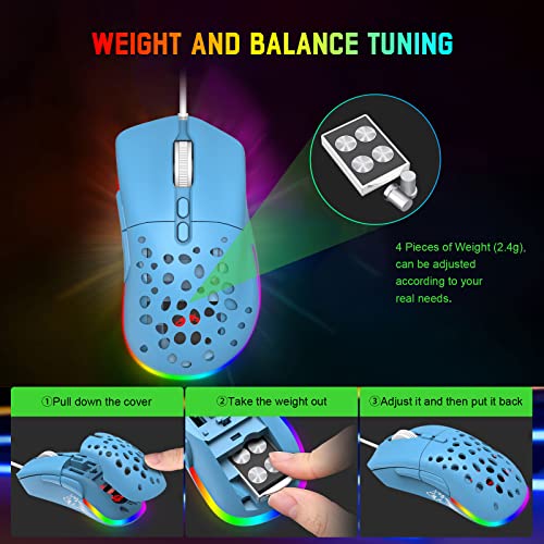 ZIYOU LANG D19 Mäuse Gaming-Maus, kabelgebundene Gaming-Mäuse für Laptop PC RGB-Maus Gaming, programmierbare 7-Tasten-Maus, USB-Mäuse bis zu 12.000 DPI Wabenschale optische ultraleichte Maus – Blau Bild 2