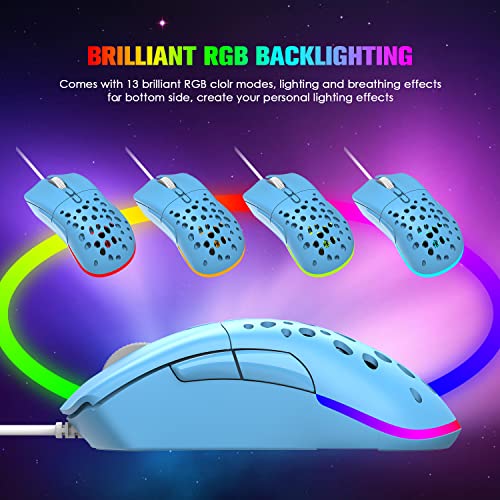 ZIYOU LANG D19 Mäuse Gaming-Maus, kabelgebundene Gaming-Mäuse für Laptop PC RGB-Maus Gaming, programmierbare 7-Tasten-Maus, USB-Mäuse bis zu 12.000 DPI Wabenschale optische ultraleichte Maus – Blau Bild 4