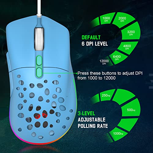 ZIYOU LANG D19 Mäuse Gaming-Maus, kabelgebundene Gaming-Mäuse für Laptop PC RGB-Maus Gaming, programmierbare 7-Tasten-Maus, USB-Mäuse bis zu 12.000 DPI Wabenschale optische ultraleichte Maus – Blau Bild 5