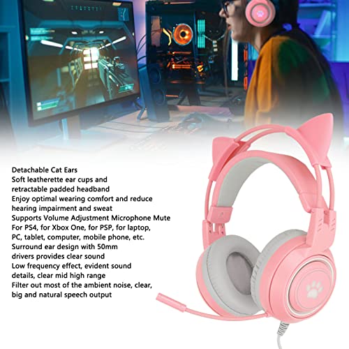 Elprico Gaming-Headset, Abnehmbares Katzenohr, USB + 3,5-mm-Stecker, Gaming-Kopfhörer, Unterstützt Lautstärkeregelung, Mikrofon-Stummschaltung für, für One(Rosa) Bild 2