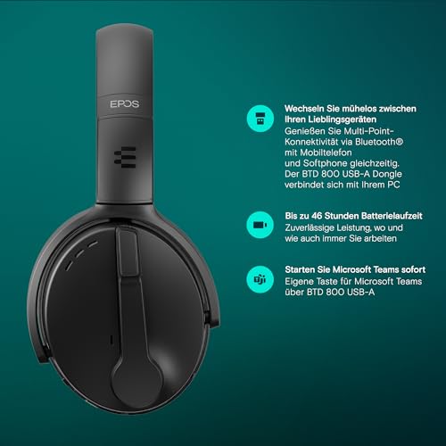 EPOS C50 Serie Fortschrittliches Noise Cancelling Headset: Bluetooth 5.0, Ultralange Akkulaufzeit, UC-Optimiert, Komfortdesign, Profiqualität für Teams und Zoom, Tragbar, Einfache Verbindung Bild 3