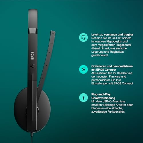 EPOS C10 USB-Headset mit Mikrofon, kabelgebundene Kopfhörer mit einfacher und flexibler USB-C-Verbindung und EPOS BrainAdapt-Technologie. Bild 3