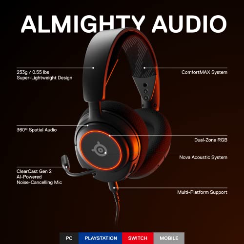 SteelSeries Arctis Nova 3 Multi-Plattform-Gaming-Headset – Signature Arctis Sound – ClearCast Gen 2 Mic – PC, PS5/PS4, Xbox Series X|S, Switch, Mobile, Schwarz Bild 2