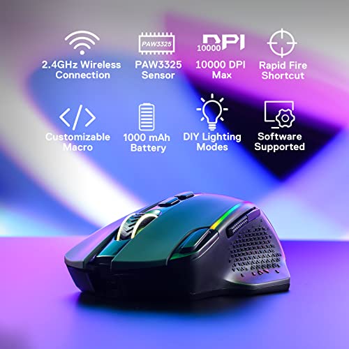 Redragon M810 Pro Kabellose Gaming-Maus, 10000 DPI Kabelgebundene/Kabellose Maus mit Schnellfeuertaste, 8 Makrotasten, 45 Stunden Dauerleistung und RGB-Hintergrundbeleuchtung für PC/Mac/Laptop Bild 3