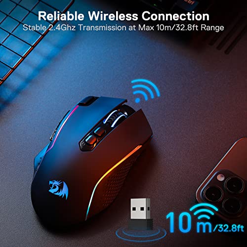 Redragon M810 Pro Kabellose Gaming-Maus, 10000 DPI Kabelgebundene/Kabellose Maus mit Schnellfeuertaste, 8 Makrotasten, 45 Stunden Dauerleistung und RGB-Hintergrundbeleuchtung für PC/Mac/Laptop Bild 4