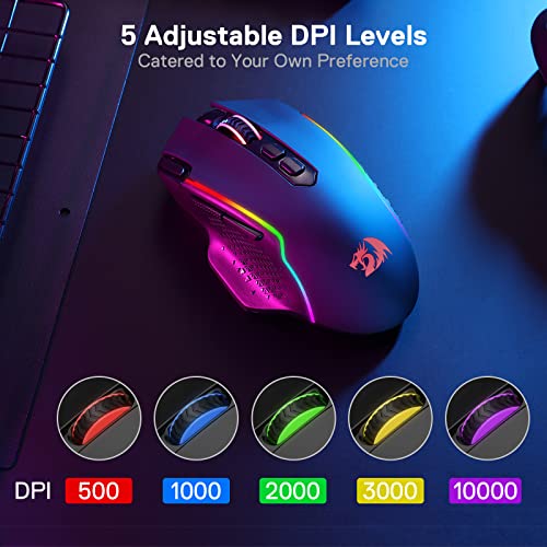 Redragon M810 Pro Kabellose Gaming-Maus, 10000 DPI Kabelgebundene/Kabellose Maus mit Schnellfeuertaste, 8 Makrotasten, 45 Stunden Dauerleistung und RGB-Hintergrundbeleuchtung für PC/Mac/Laptop Bild 5