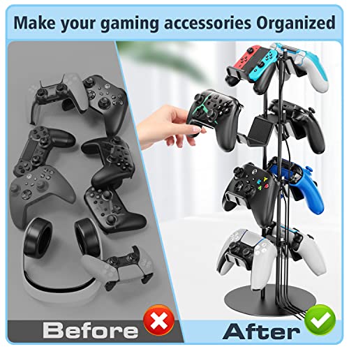 Gaming Deko Controller Halterung, 4-Stufen Controller Halter & Kopfhörer Halterung Tisch mit Kabel Gaming Organizer, Kopfhörer Halter für Universaler Controller/Headset, Gaming Zubehör Zimmer Deko Bild 6