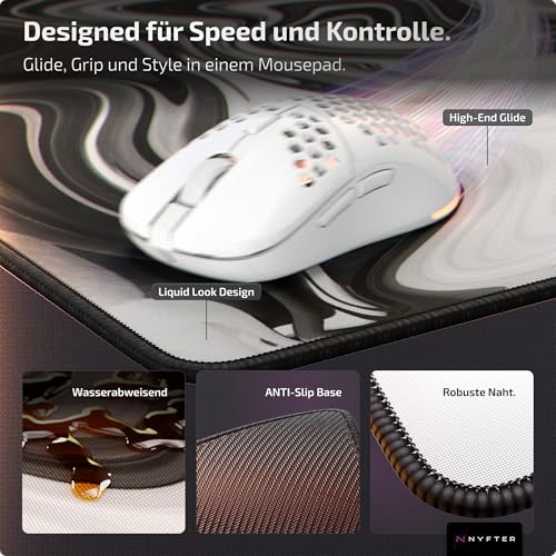 Nyfter - Premium XXL Gaming Mauspad Nyfpad 900x500mm Mousepad im Liquid Design Wellenfrei mit extra vernähten Kanten (White-Black) Bild 4