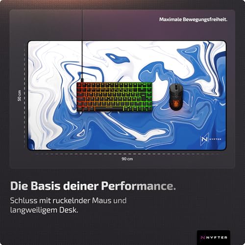 Nyfter - Premium XXL Gaming Mauspad Nyfpad 900x500mm Mousepad im Liquid Design Wellenfrei mit extra vernähten Kanten (White-Blue) Bild 2