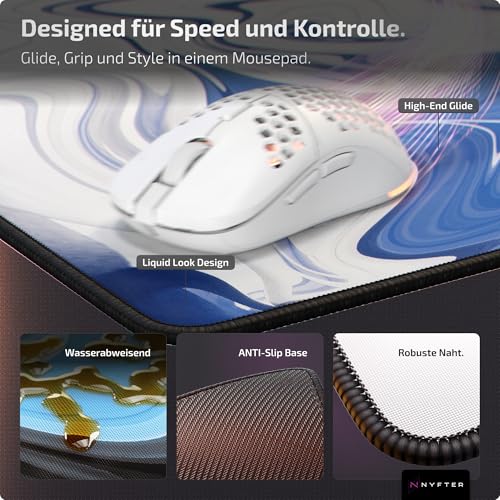 Nyfter - Premium XXL Gaming Mauspad Nyfpad 900x500mm Mousepad im Liquid Design Wellenfrei mit extra vernähten Kanten (White-Blue) Bild 4