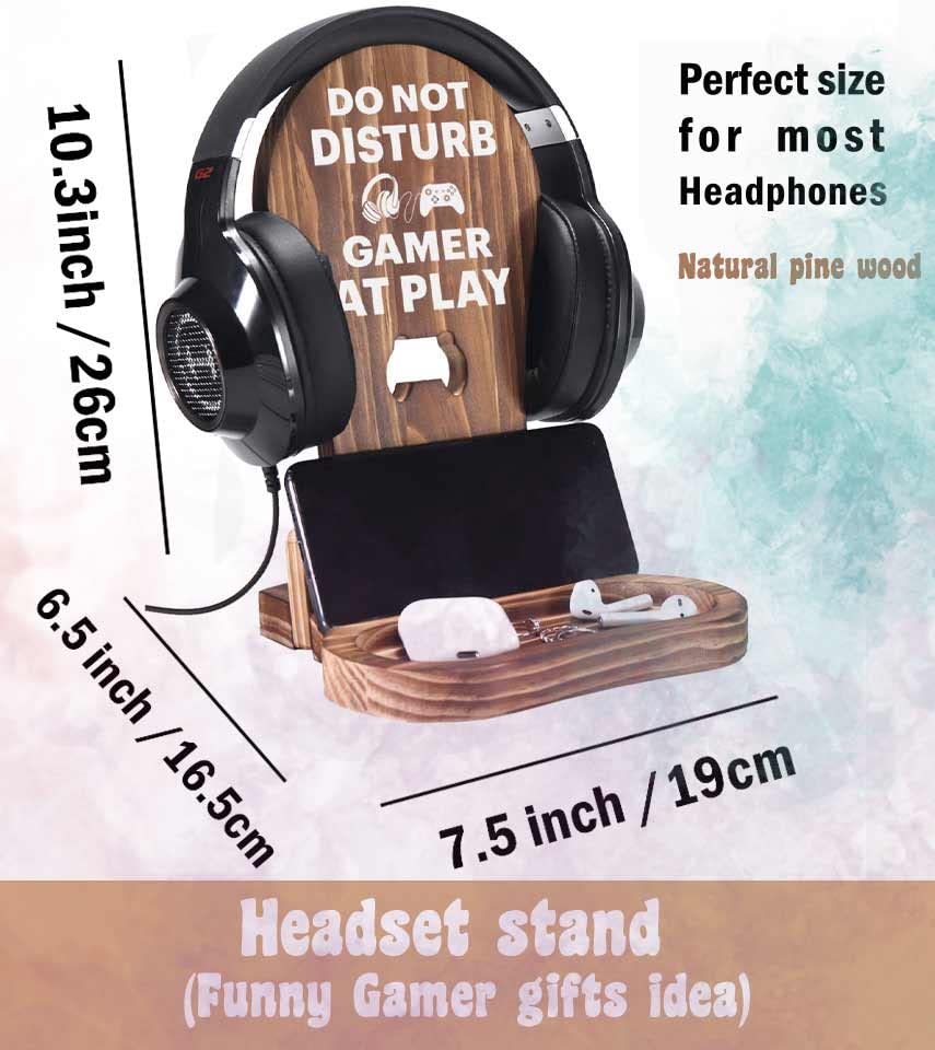 Gamer Geschenke für Teenage Boy, Kopfhörerständer für Gamer, Gaming-Headset-Halter, Holz-Kopfhörer-Aufhänger mit Kabelwanne, kompatibel für alle Kopfhörergrößen Bild 2