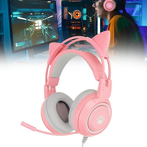 Yoidesu Cat-Ear-Gaming-Headset, USB-Gaming-Kopfhörer, Cat-Ear-Gaming-Kopfhörer USB und 3,5-mm-Stecker-Gaming-Kopfhörer Unterstützt Lautstärkeanpassung, Mikrofon-Stummschaltung(Rosa) Bild 2