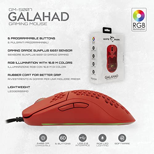 White Shark, Galahad White, Gaming-Maus mit USB-Kabel, Optische Maus für PC-Gaming mit LED unter Mausaktivierungstaste, 6 Programmierbare Tasten, Kompatibel mit Windows und MacOS, Rot Bild 4