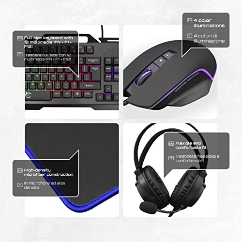 White Shark, Cheyenne, Combo 4-in-1, Gaming-Set Bestehend aus Maus mit LED-Beleuchtung 4 Farben, Tastatur mit Anti-Ghosting-Funktion, Gaming-Headset mit Mikrofon und Mouse-Matte, Schwarz Bild 3
