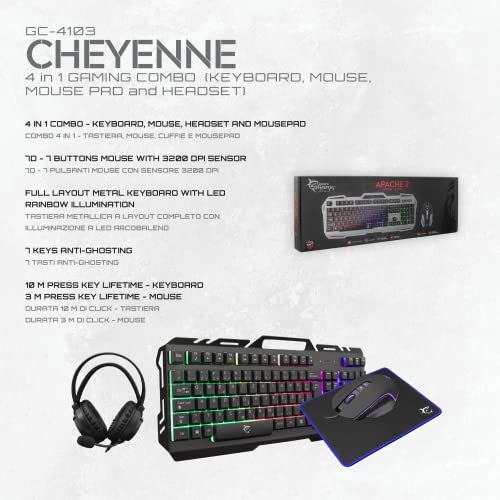 White Shark, Cheyenne, Combo 4-in-1, Gaming-Set Bestehend aus Maus mit LED-Beleuchtung 4 Farben, Tastatur mit Anti-Ghosting-Funktion, Gaming-Headset mit Mikrofon und Mouse-Matte, Schwarz Bild 4