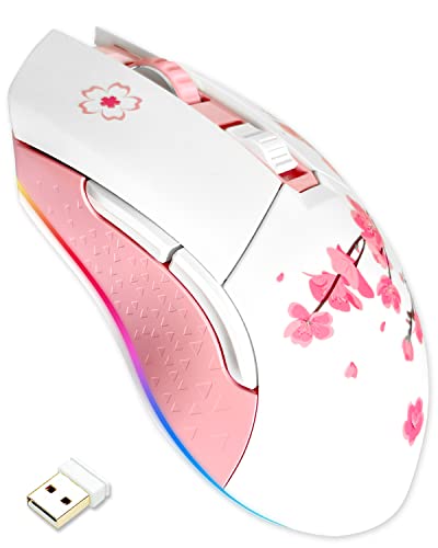 DAREU Sakura Pink Wireless Wired Gaming Mouse, Dual-Mode Wiederaufladbar, 6 Programmierbare Tasten, 10K DPI, RGB und 7 Einstellbare DPI-Stufen bis zu [150 IPS] [1000 Hz Abtastrate] für PC/Mac Bild 1