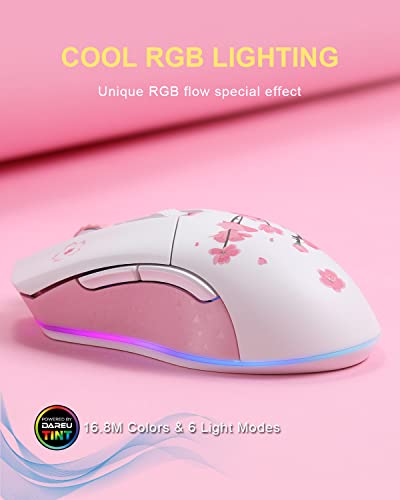 DAREU Sakura Pink Wireless Wired Gaming Mouse, Dual-Mode Wiederaufladbar, 6 Programmierbare Tasten, 10K DPI, RGB und 7 Einstellbare DPI-Stufen bis zu [150 IPS] [1000 Hz Abtastrate] für PC/Mac Bild 2