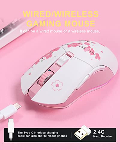 DAREU Sakura Pink Wireless Wired Gaming Mouse, Dual-Mode Wiederaufladbar, 6 Programmierbare Tasten, 10K DPI, RGB und 7 Einstellbare DPI-Stufen bis zu [150 IPS] [1000 Hz Abtastrate] für PC/Mac Bild 3
