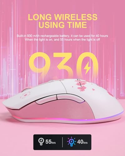 DAREU Sakura Pink Wireless Wired Gaming Mouse, Dual-Mode Wiederaufladbar, 6 Programmierbare Tasten, 10K DPI, RGB und 7 Einstellbare DPI-Stufen bis zu [150 IPS] [1000 Hz Abtastrate] für PC/Mac Bild 4