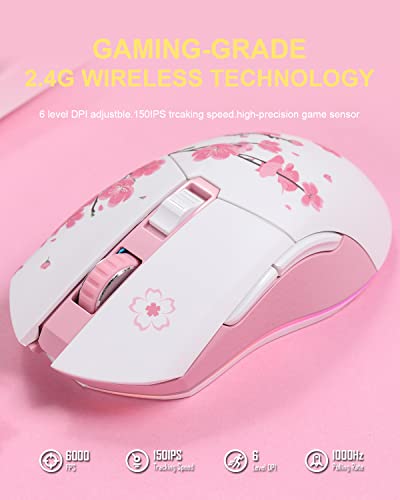 DAREU Sakura Pink Wireless Wired Gaming Mouse, Dual-Mode Wiederaufladbar, 6 Programmierbare Tasten, 10K DPI, RGB und 7 Einstellbare DPI-Stufen bis zu [150 IPS] [1000 Hz Abtastrate] für PC/Mac Bild 5