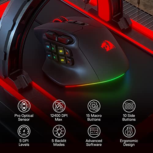 Redragon M811 Aatrox MMO Gaming Maus, 15 programmierbare Tasten kabelgebundene RGB Maus mit ergonomischem Griff, 10 seitliche Makrotasten, Software unterstützt & Hintergrundbeleuchtung Bild 3