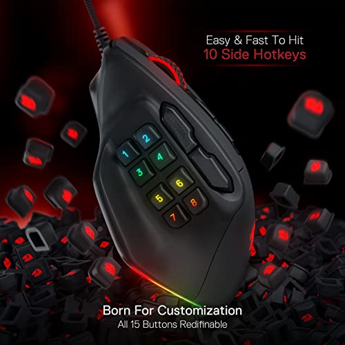 Redragon M811 Aatrox MMO Gaming Maus, 15 programmierbare Tasten kabelgebundene RGB Maus mit ergonomischem Griff, 10 seitliche Makrotasten, Software unterstützt & Hintergrundbeleuchtung Bild 6