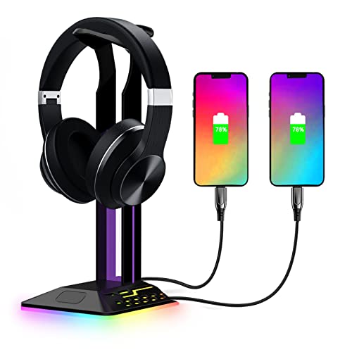 Annadue RGB Kopfhörer Ständer, Headset Halterung mit 2 USB Anschlüssen, Gaming Headset Ständer Kopfhörer Halter für alle Kopfhörer, Schwarz Bild 1