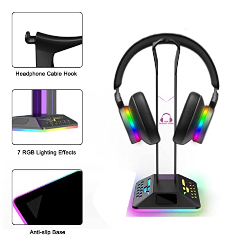 Annadue RGB Kopfhörer Ständer, Headset Halterung mit 2 USB Anschlüssen, Gaming Headset Ständer Kopfhörer Halter für alle Kopfhörer, Schwarz Bild 2