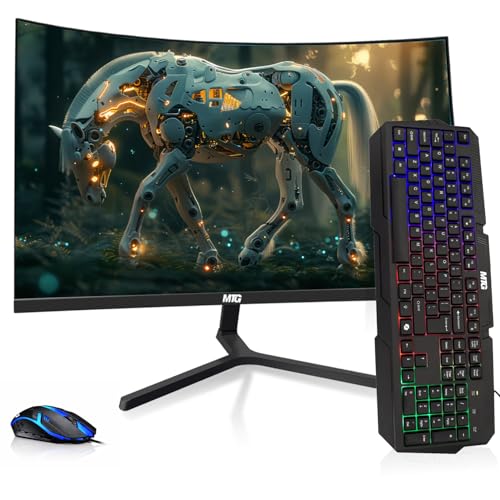 MTG 61.0 cm Curved Gaming Monitor - Full HD 1080P, rahmenloses Design, Low Motion Unschärfe, VESA-Halterung, HDMI/DP/Audio/USB-Ports, mit Webcam und RGB-Tastatur und Maus Combo für Zuhause und Büro Bild 1