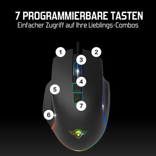 SPIRIT OF GAMER Pro M1, Gaming Maus Kabelgebunden, 7 Programmierbare Knöpfe, Optischer Sensor 8000 DPI, Hintergrundbeleuchtung RGB, Gaming Mouse Ergonomische mit Daumenstütze, Kompatibel Gaming PC Bild 4
