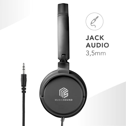 Music Sound | Bügelkopfhörer mit Kabel Over Ear Basic | On-Ear-Kopfhörer Faltbarer Kopfbügel mit 1,2 m Anti-Tangle-Kabel und integriertem Mikrofon - 3,5-mm-Klinkenanschluss – Farbe Schwarz Bild 3