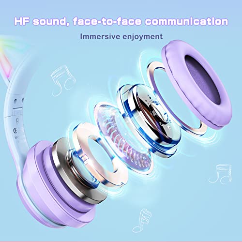 Bluetooth-Katzenohr-Kopfhörer für Kinder, kabelloser & kabelgebundener Modus, faltbares Headset mit Mikrofon, RGB-LED-Licht, für Mädchen, Schule, Gaming, kompatibel mit Handys, PC, Tablet Bild 4