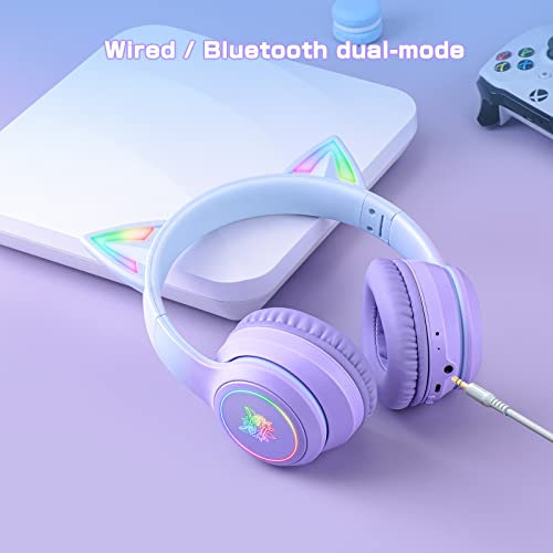 Bluetooth-Katzenohr-Kopfhörer für Kinder, kabelloser & kabelgebundener Modus, faltbares Headset mit Mikrofon, RGB-LED-Licht, für Mädchen, Schule, Gaming, kompatibel mit Handys, PC, Tablet Bild 5
