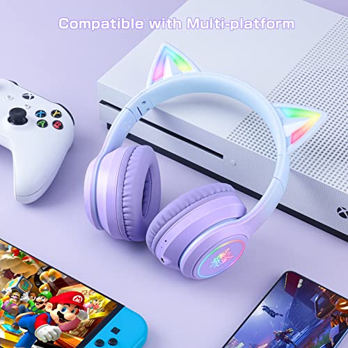 Bluetooth-Katzenohr-Kopfhörer für Kinder, kabelloser & kabelgebundener Modus, faltbares Headset mit Mikrofon, RGB-LED-Licht, für Mädchen, Schule, Gaming, kompatibel mit Handys, PC, Tablet Bild 7