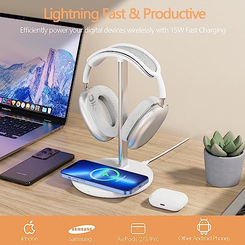 Kopfhörerständer mit kabellosem Ladegerät, Gaming-Headset-Halter Aufhänger Rack 2 in 1 Wireless Charging Station Dock für iPhone 15/14/13/12/11 Serie, AirPods Pro/3/2 und Schreibtisch Alle Kopfhörer Bild 4