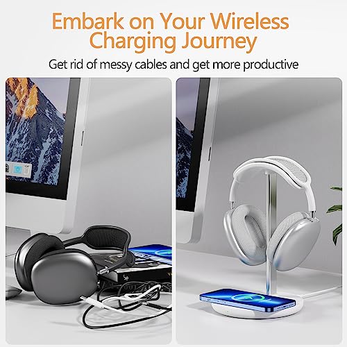 Kopfhörerständer mit kabellosem Ladegerät, Gaming-Headset-Halter Aufhänger Rack 2 in 1 Wireless Charging Station Dock für iPhone 15/14/13/12/11 Serie, AirPods Pro/3/2 und Schreibtisch Alle Kopfhörer Bild 5