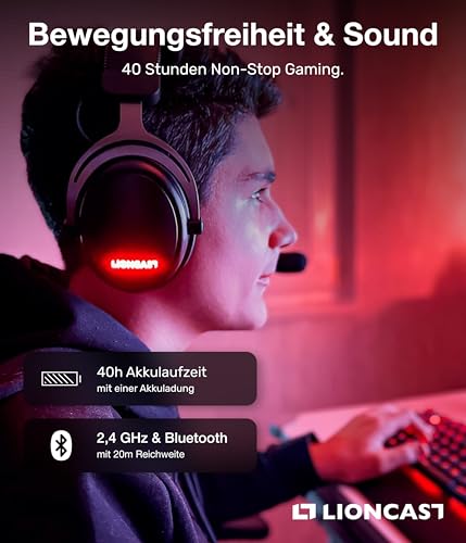 Lioncast® LX80 Gaming Headset mit Mikrofon Wireless [40Std. Akku] - kompatibel mit PS5, Nintendo Switch, Switch 2, Xbox - Gaming Headset PC - Kopfhörer Kabellos Bluetooth Bild 3