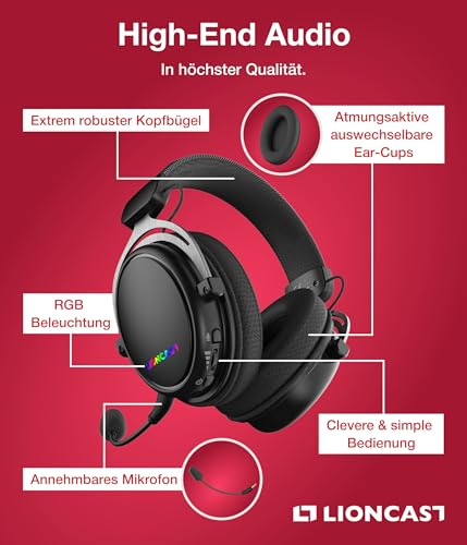 Lioncast® LX80 Gaming Headset mit Mikrofon Wireless [40Std. Akku] - kompatibel mit PS5, Nintendo Switch, Switch 2, Xbox - Gaming Headset PC - Kopfhörer Kabellos Bluetooth Bild 4