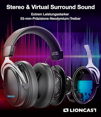 Lioncast® LX80 Gaming Headset mit Mikrofon Wireless [40Std. Akku] - kompatibel mit PS5, Nintendo Switch, Switch 2, Xbox - Gaming Headset PC - Kopfhörer Kabellos Bluetooth Bild 6