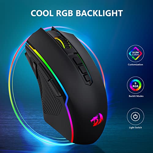 Redragon M910KS Gaming Maus Kabellose, RGB Wiederaufladbare Gaming-Maus mit 9 Macro Editing Programmierbare Tasten/8000 DPI, Ergonomische Wireless Gaming Maus, 70Hrs für PC/Mac Gamer Bild 3