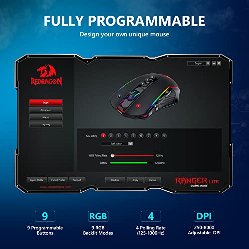 Redragon M910KS Gaming Maus Kabellose, RGB Wiederaufladbare Gaming-Maus mit 9 Macro Editing Programmierbare Tasten/8000 DPI, Ergonomische Wireless Gaming Maus, 70Hrs für PC/Mac Gamer Bild 5
