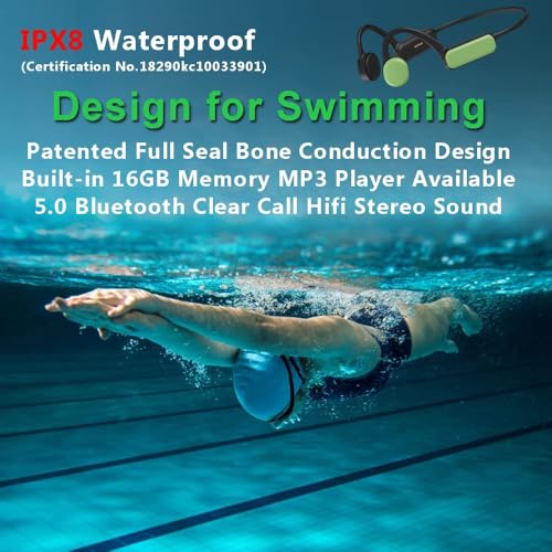 IHAO Schwimmkopfhörer, echter Knochenleitung, offenes Ohr, MP3-Player, eingebauter 16 G Speicher, IP68, wasserdicht, Stereo-Bluetooth-Kopfhörer für Fahren, Radfahren, Laufen, Skifahren, Grün Bild 2